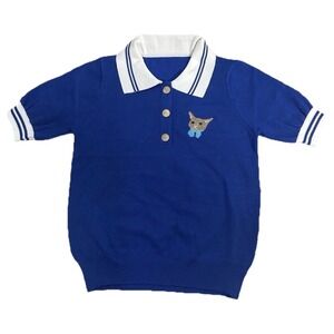 Vintage Sailor Aesthetic Blue Knit Polo Shirt Nautical Style Cat Embroidered XS